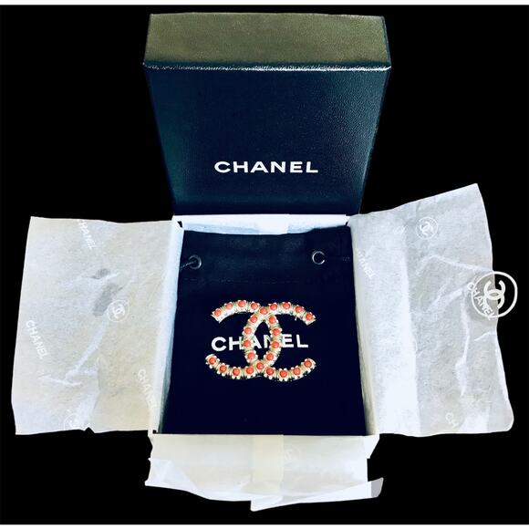 SOLD! CHANEL Red Coral Crystal Rhinestone Authentic Logo Brooch w Box/Bag/Ribbon - Picture 2 of 8